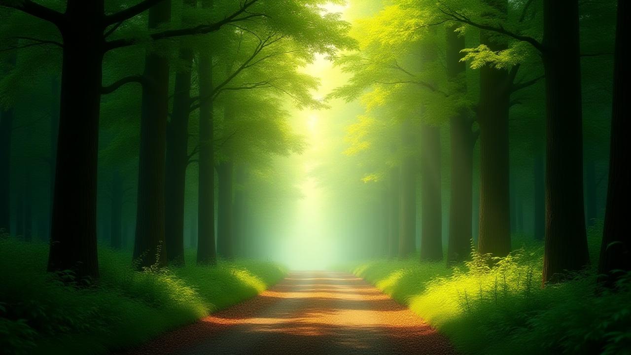 햇살이 나뭇잎 사이로 비치는 울창한 숲길
