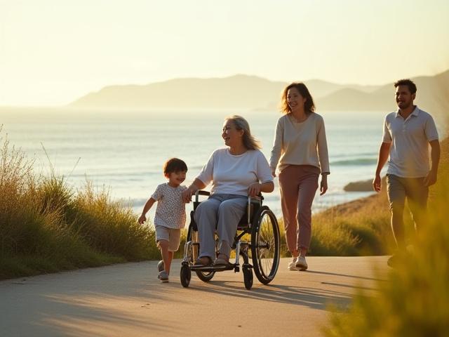 3대 가족이 제주 바닷가에서 즐거워하며 손을 잡고 걷는 모습