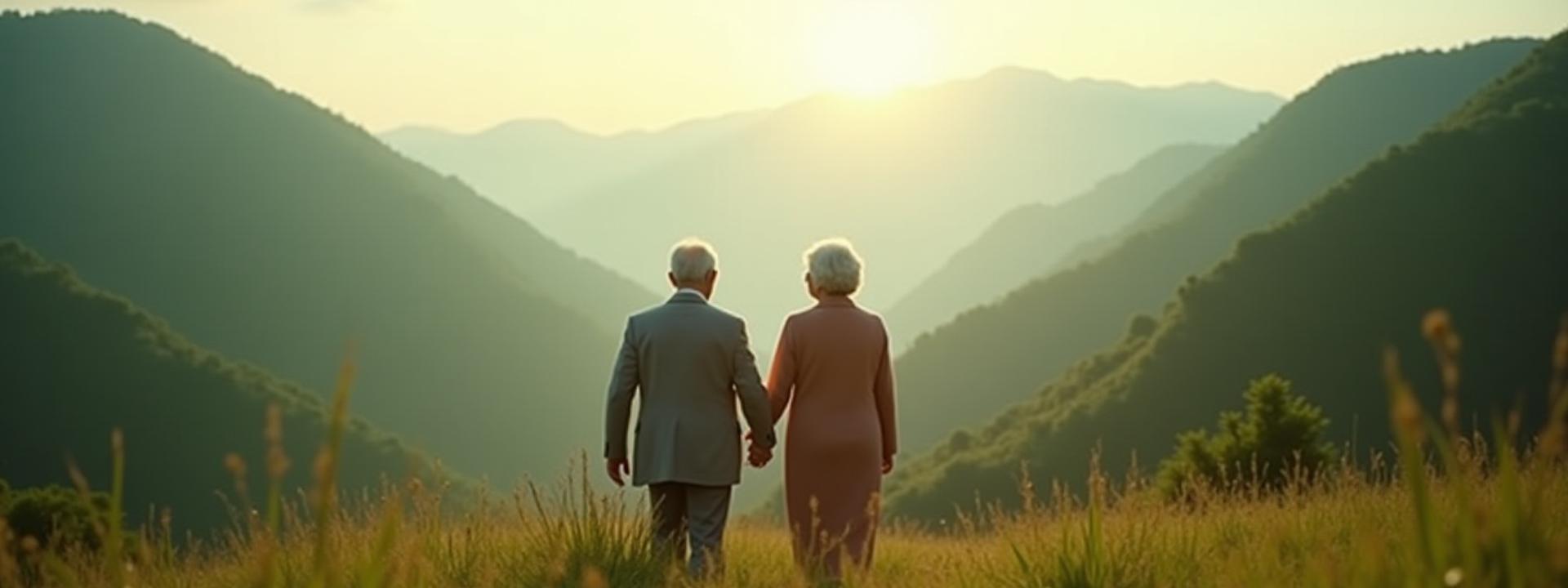 활기 넘치는 시니어 커플이 환하게 웃으며 넓은 자연 풍경을 바라보고 있는 모습