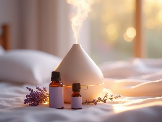 라벤더, 캐모마일 등 숙면 보조에 좋은 천연 아로마 오일 디퓨저와 은은한 향이 감도는 침실