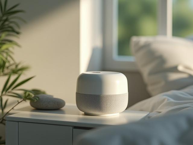 백색 소음기 또는 빗소리, 파도소리 등 자연의 소리를 재생하는 숙면 유도 장치가 있는 침실