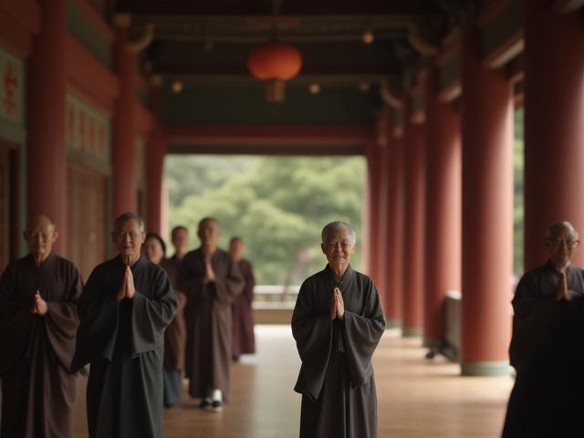 고요한 사찰에서 108배를 하는 체험자들