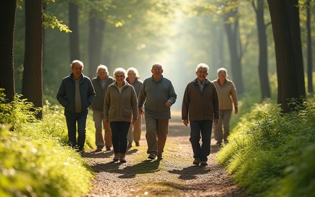 울창한 숲길을 걷는 사람들